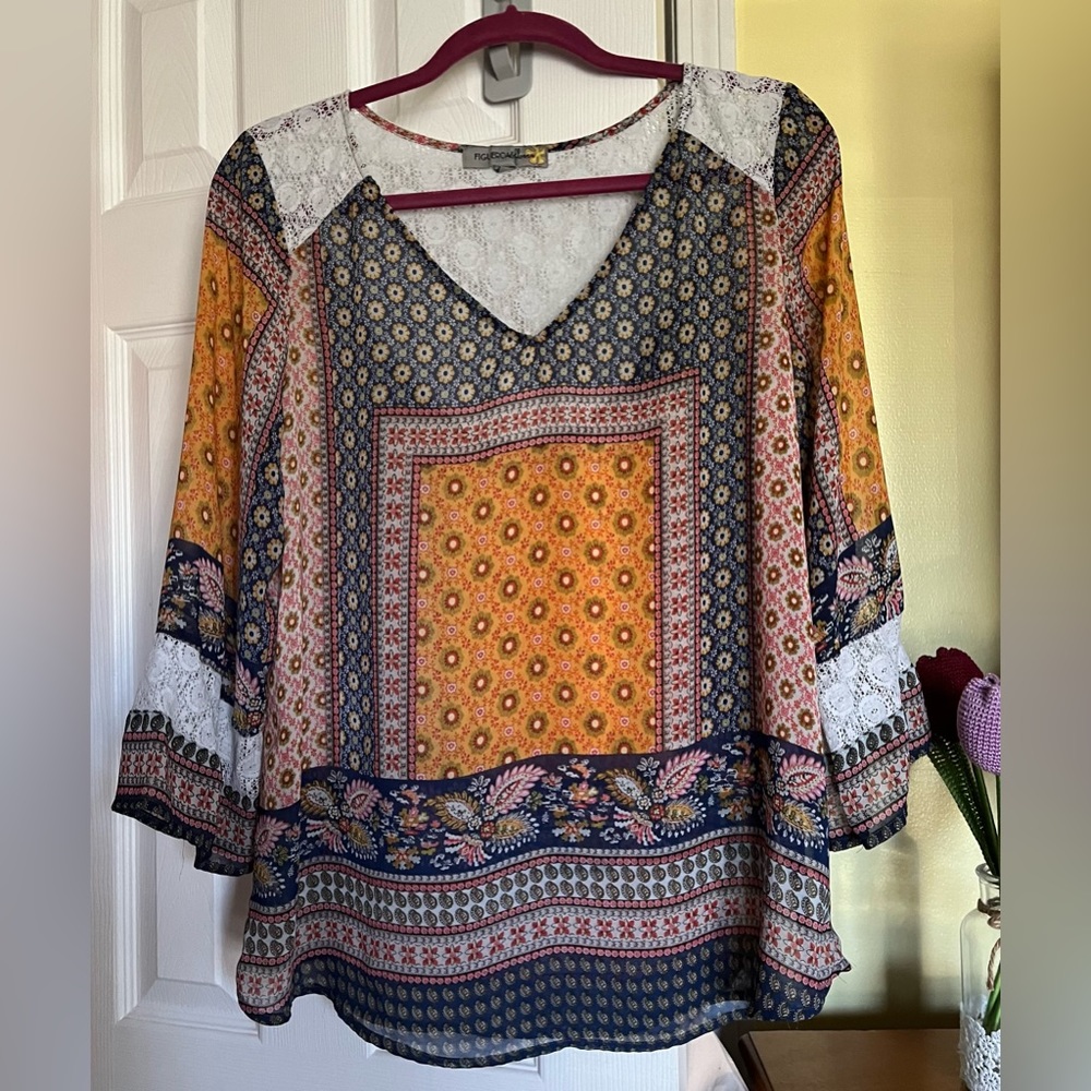FIGUEROA & flower’s Multicolor Women Top Tunic, V Neck , 3/4 Sleeve Sz L